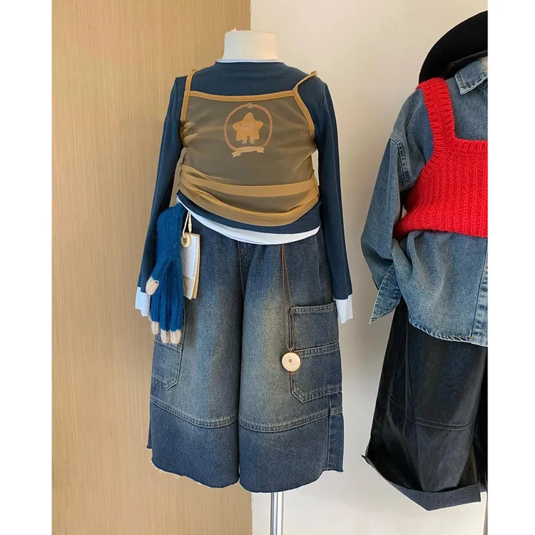 童装女童秋装2025新款女孩网纱吊带打底衫时髦工装牛仔阔腿裤