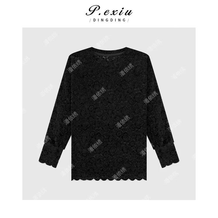 复古百搭宽松蕾丝圆领长袖打底衫 G9087