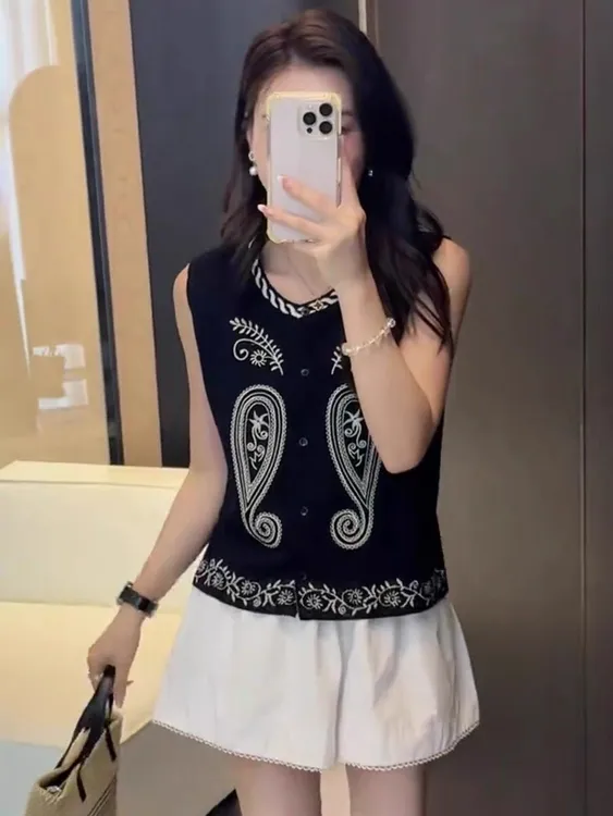 夏季新款重工设计刺绣时尚背心开衫针织衫无袖上衣女