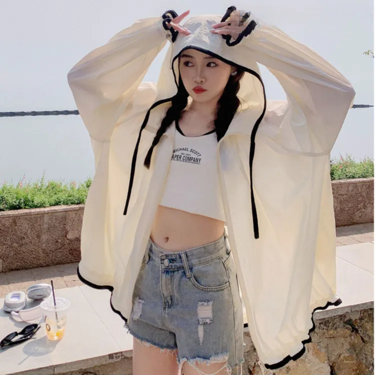 新款时尚连帽防晒衣女夏季长袖薄款外套韩版宽松透气防晒服