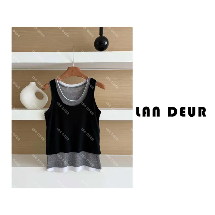 JIUJIU【绣球织带】莱赛尔背心真两件简约时尚无袖U型领拼色上衣女