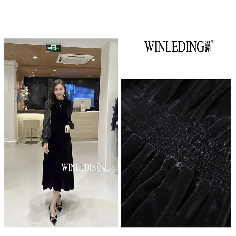 温澜服饰·雅“云鼎”拼色纱袖丝绒连衣裙50129