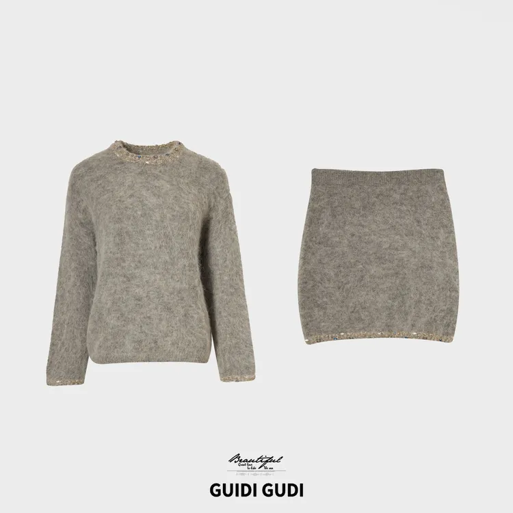 GUIDI GUDI【薄蓝雾色】高级韩系时尚两件套套装/黄加蓝