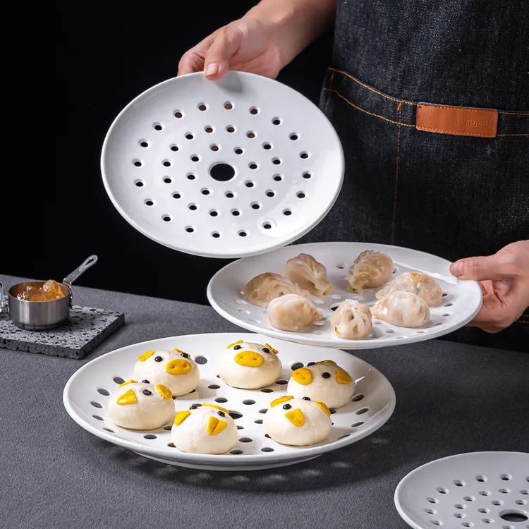 食品级陶瓷多孔圆形盘子蒸盘家用水果盘蒸片小号蒸海鲜包子沥水盘