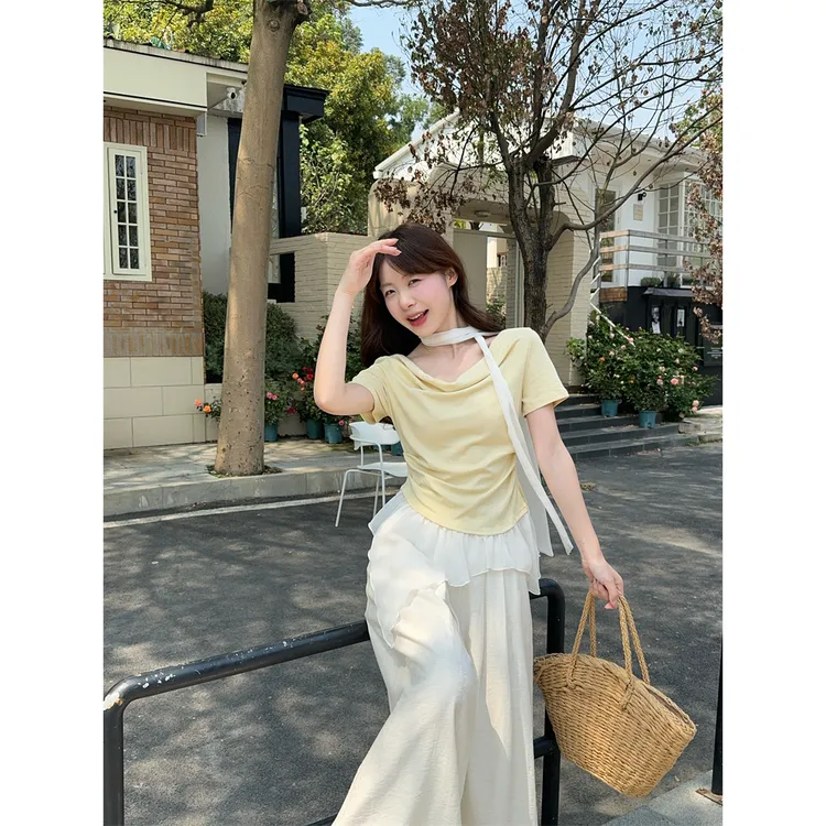 实拍2025夏季韩系设计感拼接网纱飘带短袖T恤女不规则下摆上衣