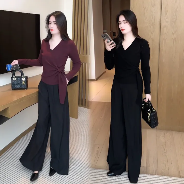 时尚V领针织衫女春秋2025新款洋气质百搭显瘦收腰打底衫长袖上衣