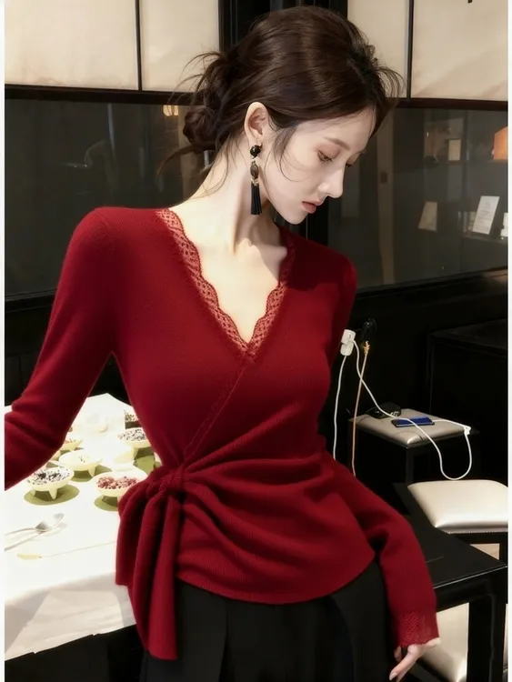 2025冬季新款红色针织衫时尚洋气高级感巨好看蕾丝边收腰系带上衣