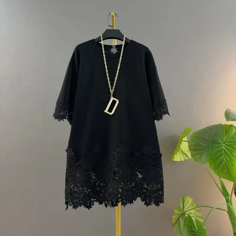 圆领宽松型拼接女中长款大码T恤蕾丝常规简约风苹果型胖mm半袖
