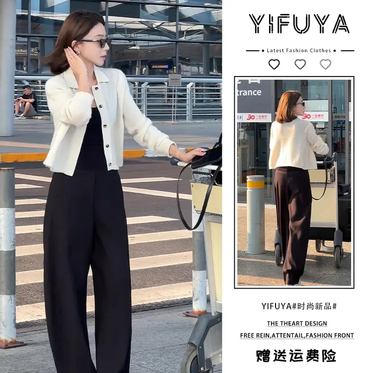 常规款洋气冬季毛针织衫针织上衣高腰黑色休闲裤显瘦减龄炸街套装