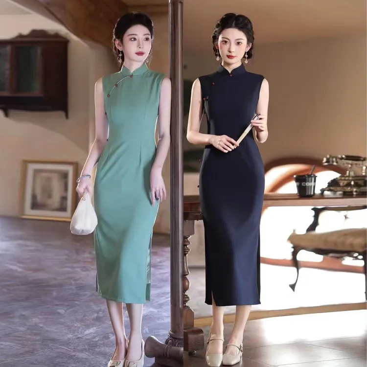 【忆如】2025春夏文艺气质少女款纯色新中式旗袍修身显瘦日常连衣裙