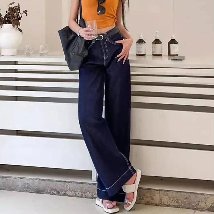 拖地牛仔裤女新款丹宁蓝垂感宽松设计皮牌高腰百搭直筒阔腿长裤子