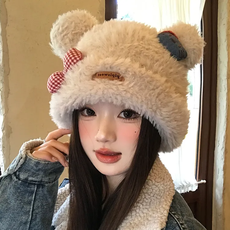 可爱小熊耳朵Kitty蝴蝶结毛绒针织帽子女秋冬保暖加厚防寒护耳帽