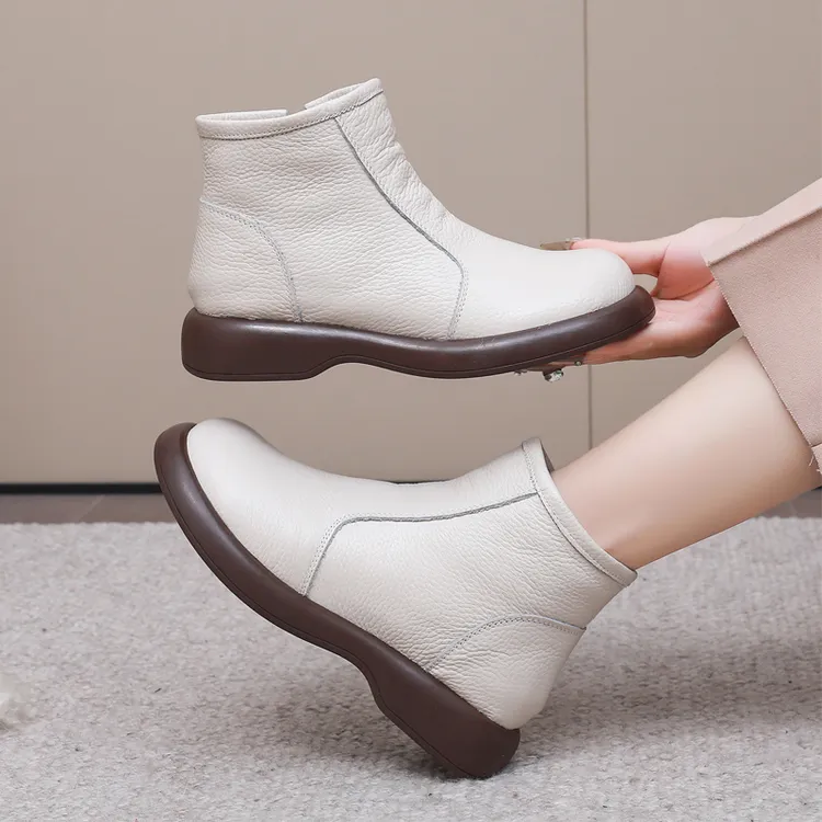 头层牛皮羊毛女短靴软面软底真皮保暖妈妈鞋平底防滑加厚短筒棉鞋