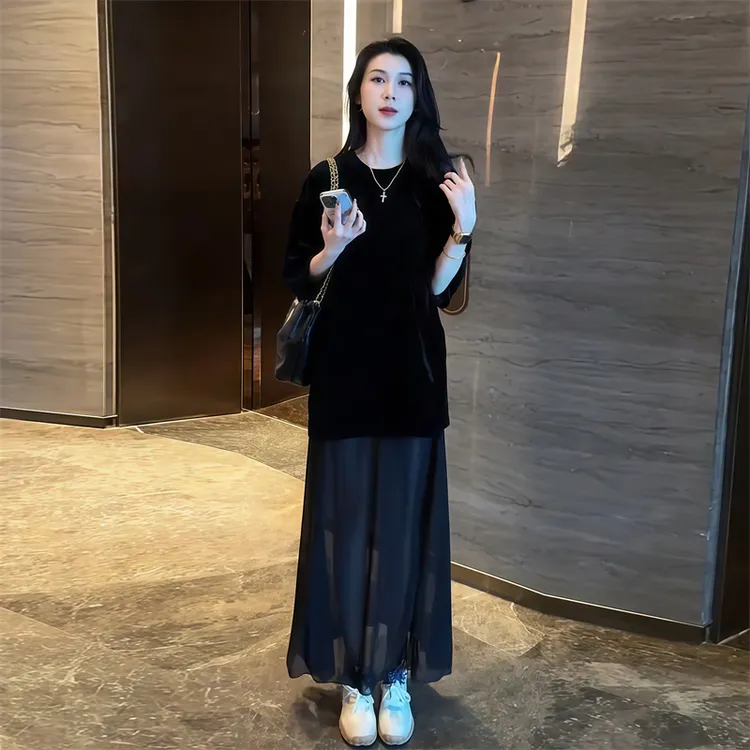 时尚通勤黑色网纱裙套装夏季宽松短袖t恤上衣搭配半身裙两件套女