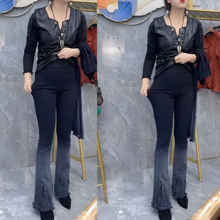 春秋高腰高弹力渐变色斜纹微喇叭牛仔长裤女休闲显瘦毛边设计时尚