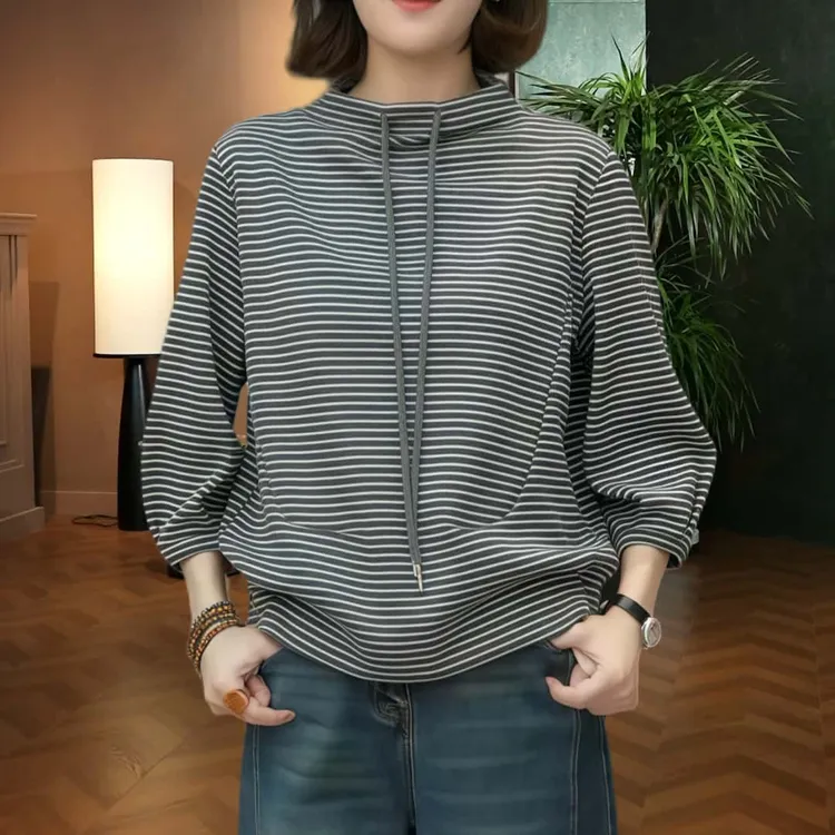 秋季宽松半高领抽绳条纹卫衣女2025新款洋气时尚百搭中长袖上衣