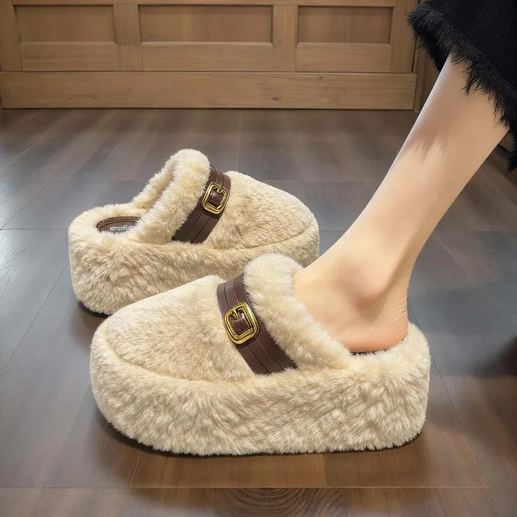【羊羔绒】松糕厚底毛毛拖鞋女2025冬季加绒外穿网红8cm增高棉拖