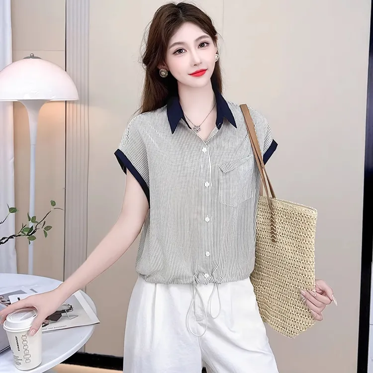 拉夏贝尔韩版条纹翻领短袖衬衫女2025年夏季薄款宽松百搭休闲上衣