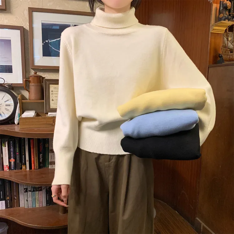 2025毛衫堆堆高领套头内搭打底针织衫宽松长袖秋冬纯色毛衣女