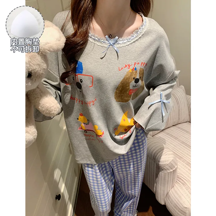 春秋季睡衣女款爆款2025新款带胸垫大码舒适可外穿长袖家居服套装