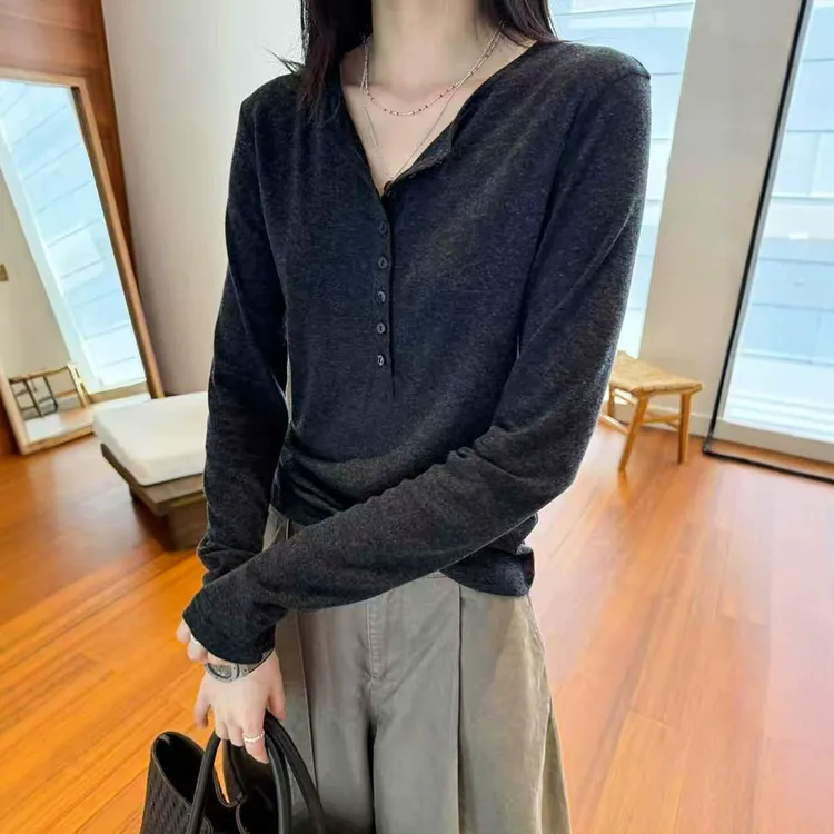 高级感纯色半开领长袖T恤女欧货新款春秋显瘦休闲百搭打底衫上衣