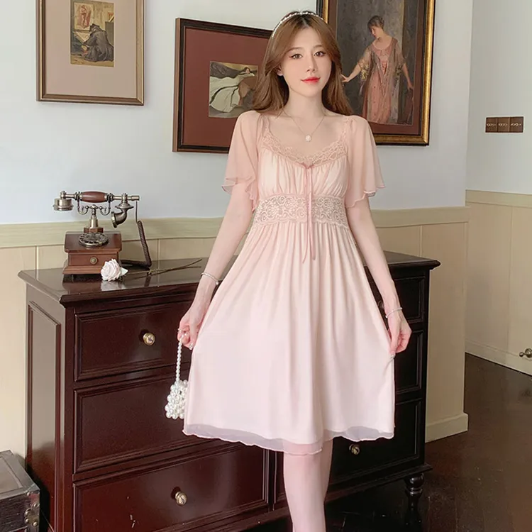 睡裙女夏甜美蕾丝花边绑带蝴蝶结带胸垫可外穿纯欲风网纱睡裙新款