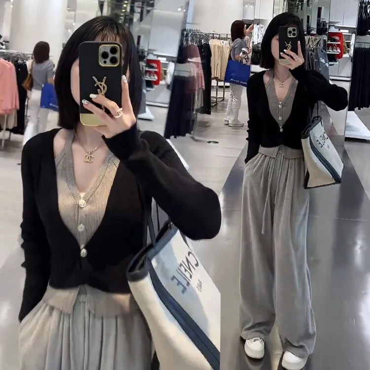 春季通勤户外服装法式复古小香风尚高腰休闲裤显瘦两件套运动涤纶