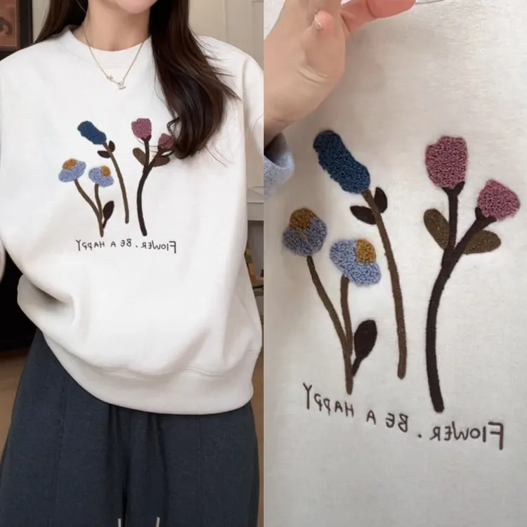 【余欢欢】冬季简约百搭保暖加绒圆领毛巾绣花朵卫衣-YHW51119