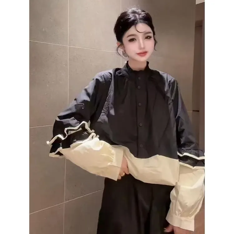 设计小众宽松拼色立领衬衫潮欧洲站2025秋季新款时尚休闲百搭上衣