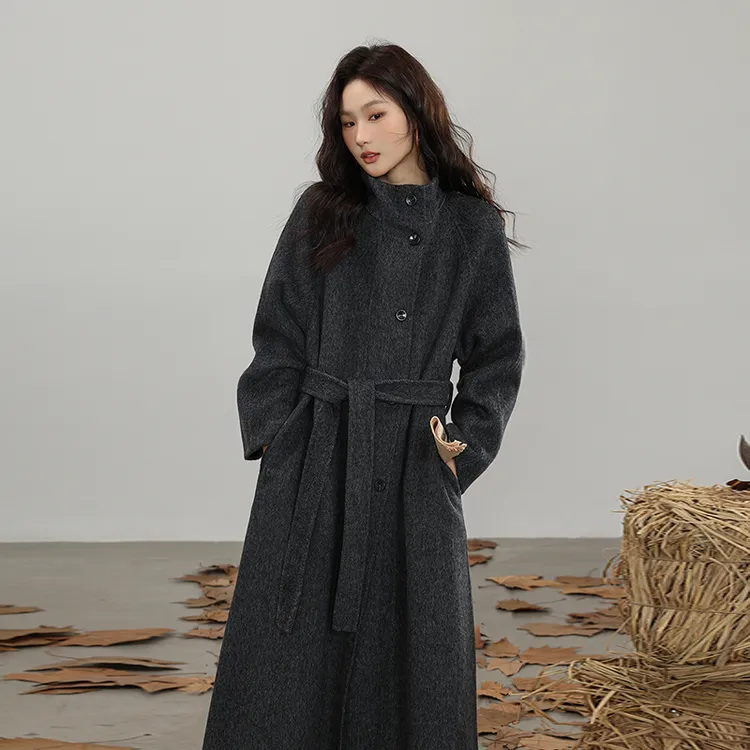 灰色双面呢子大衣女中长款2025冬季新款高级感小个子立领毛呢外套