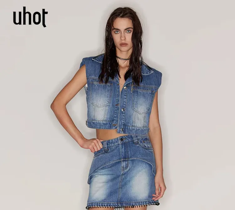 UHOT 蓝色复古水洗百搭时尚立体解构式牛仔短裙品质女装UWFR1Q225