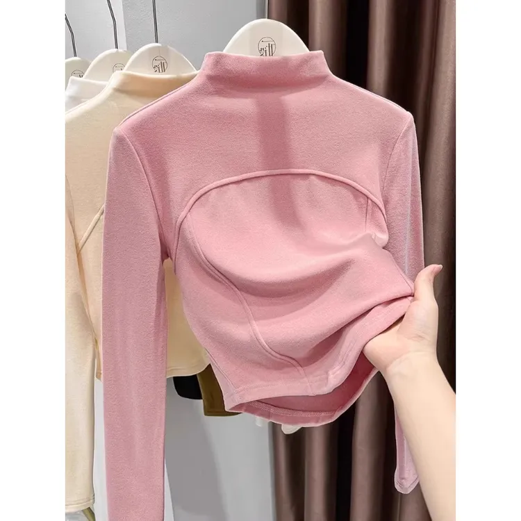 芯娇晴粉色半高领打底衫女秋冬内搭紧身收腰双面德绒保暖长袖上衣