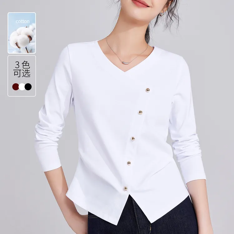 2025春秋新款设计感白色不规则纽扣上衣女高级感V领正肩长袖T恤体