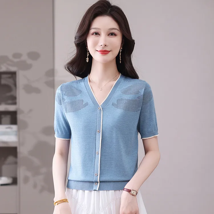 【莱赛尔天丝】夏季蕾丝小香风气质显瘦洋气短款时尚宽松V领短袖