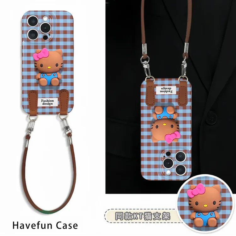 雅天立复古格纹黑皮KT猫适用苹果17/16挂绳手机壳华为vivoppo小米