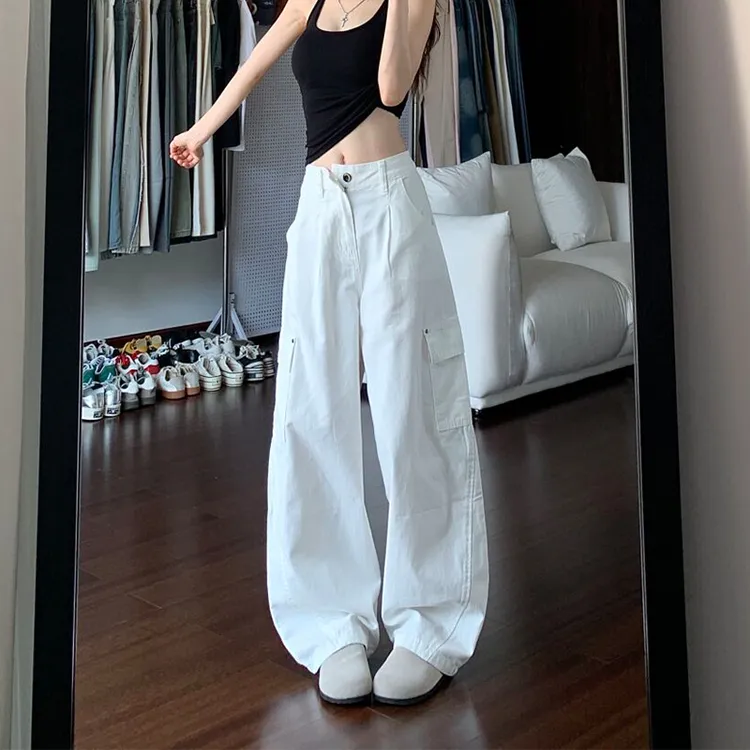 白色高级感复古水洗宽松牛仔裤女秋季新款显瘦百搭休闲拖地工装裤
