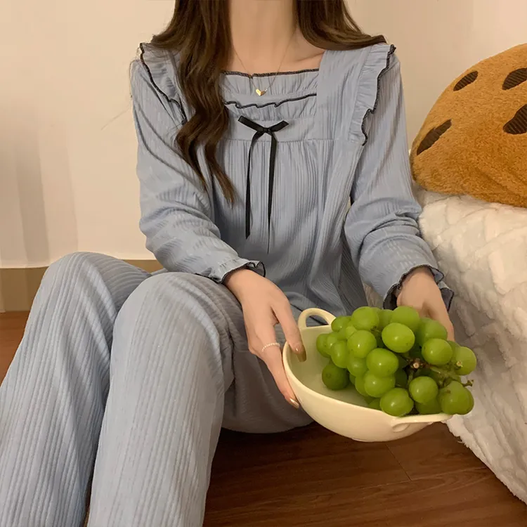 睡衣女春秋季精梳棉长袖大码短款性感带胸垫一体公主风家居服套装