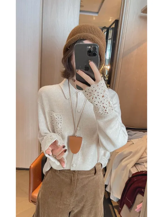 百搭减龄气质感钩花针织衬衫女2025秋冬新款POLO领设计感长袖上衣