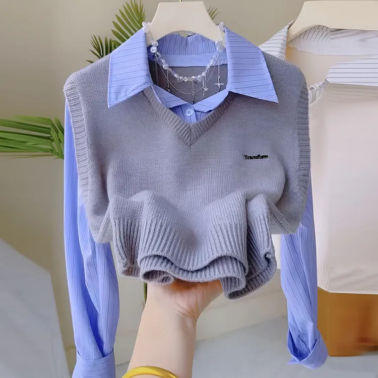 慵懒风针织背心衬衫女2025年春秋季新款宽松百搭假两件polo领上衣