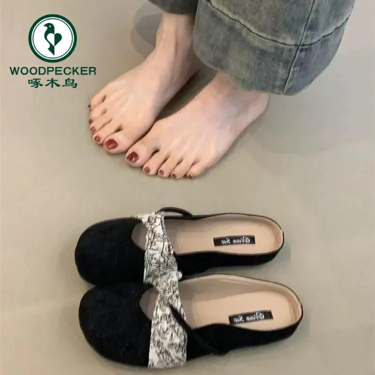 啄木鸟2025春新款法式复古方头软底包头拖鞋外穿蝴蝶结仙风温柔鞋