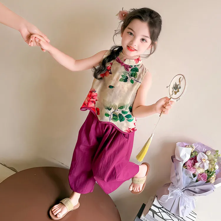 女童中式套装2025夏季新款女宝夏装无袖国风碎花汉服阔腿裤两件套