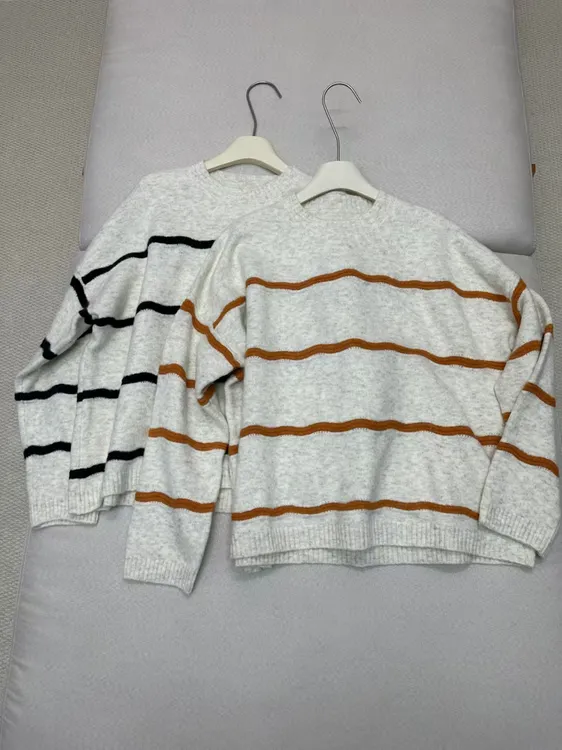 欧货复古条纹圆领毛衣女春秋款宽松慵懒松弛感百搭减龄针织衫上衣