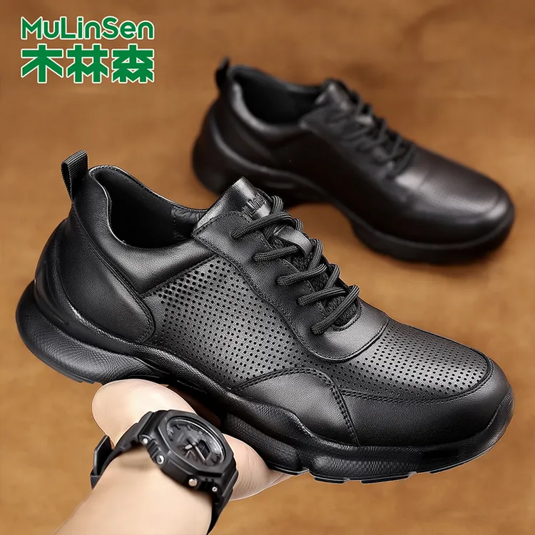 木林森男士休闲鞋夏季透气镂空真皮头层牛皮运动鞋男款春秋男鞋子