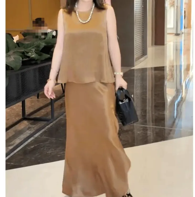 时尚潮流百搭无袖背心高腰半身裙套装女装