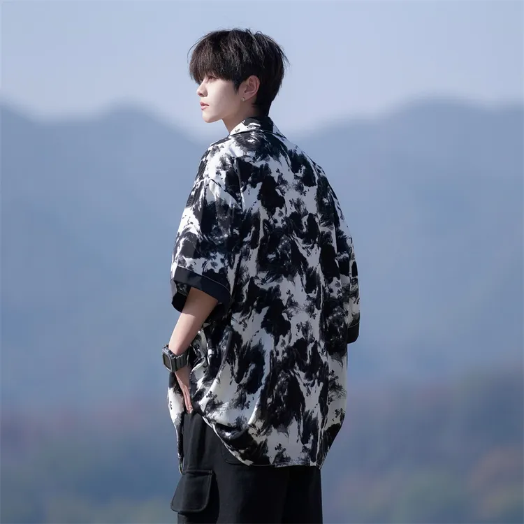 冰丝扎染衬衫男短袖夏季海边度假穿搭高级感慵懒情侣衬衣痞帅外套