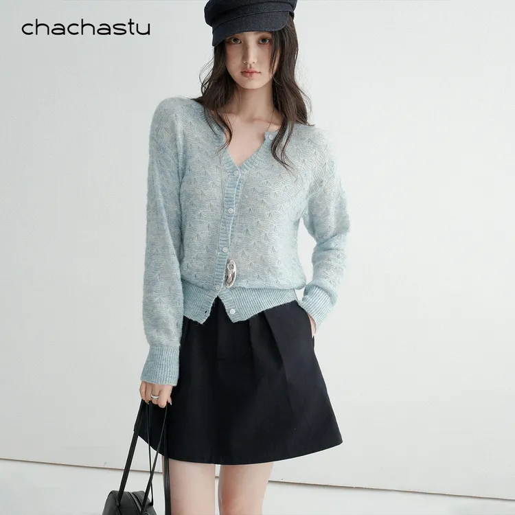 CHACHASTU 软糯百搭长袖V领上衣气质宽松显瘦外穿毛针织衫F251141