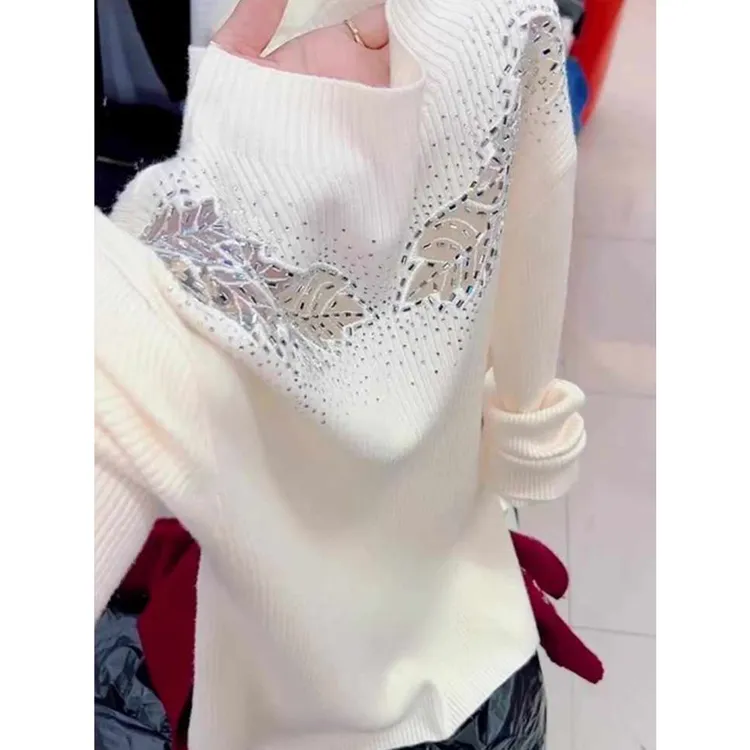 法式重工烫钻镂空白色长袖针织衫女2025秋气质时尚设计感轻奢上衣