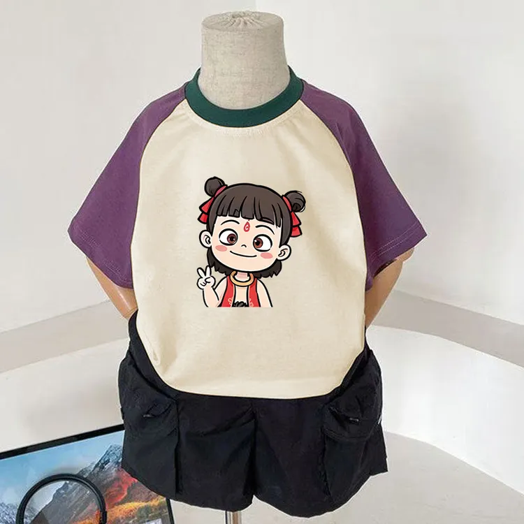 哪吒卡通儿童短袖女夏季圆领男童t恤韩版撞色宽松纯棉男女童半袖t
