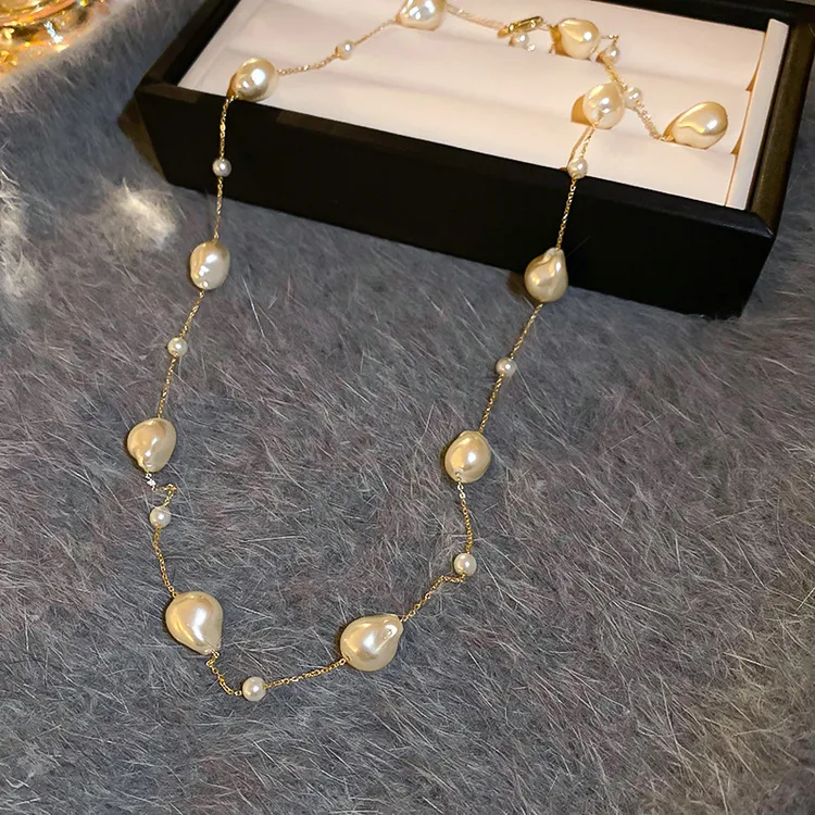 铜合金仿珍珠项链 不规则巴洛克风轻奢高级感满天星y项链配饰B81