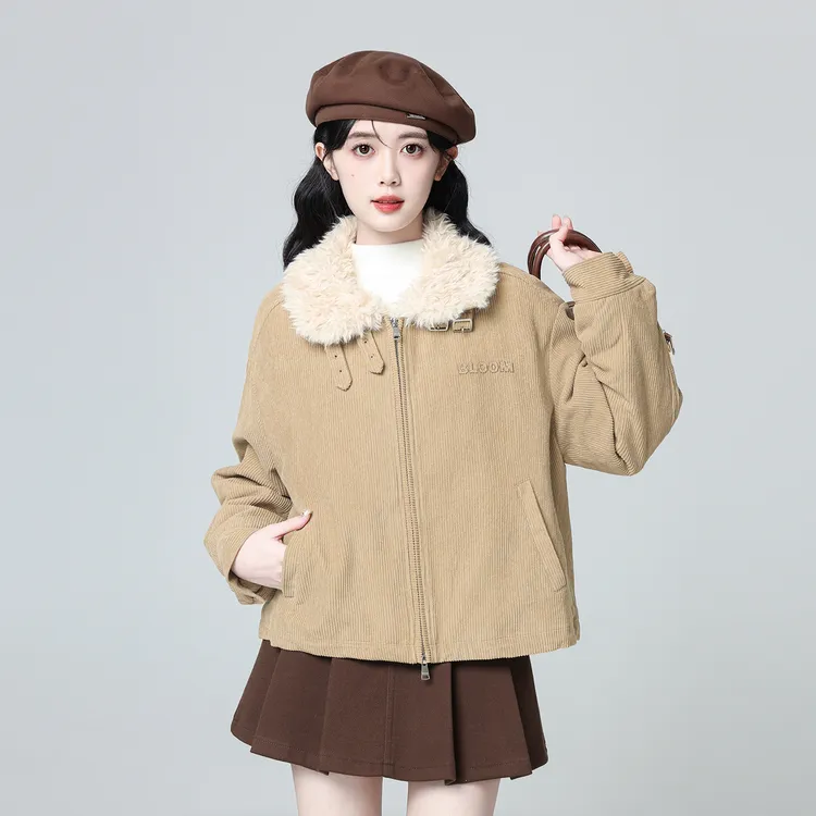 复古灯芯绒棉服外套女冬季2025新款加厚保暖棉袄毛领夹棉棉衣上衣